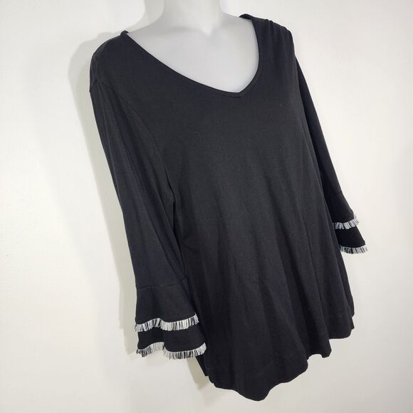 Chico’s Top Women Size 1 Medium Double Layer Fringe Black 3/4 Sleeve Cottaegcore - Picture 4 of 11